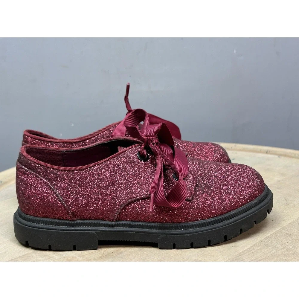 Cat & Jack Shoes Girls Size 12 Burgundy Glitter Oxford Dress Ribbon Lace‎ Up